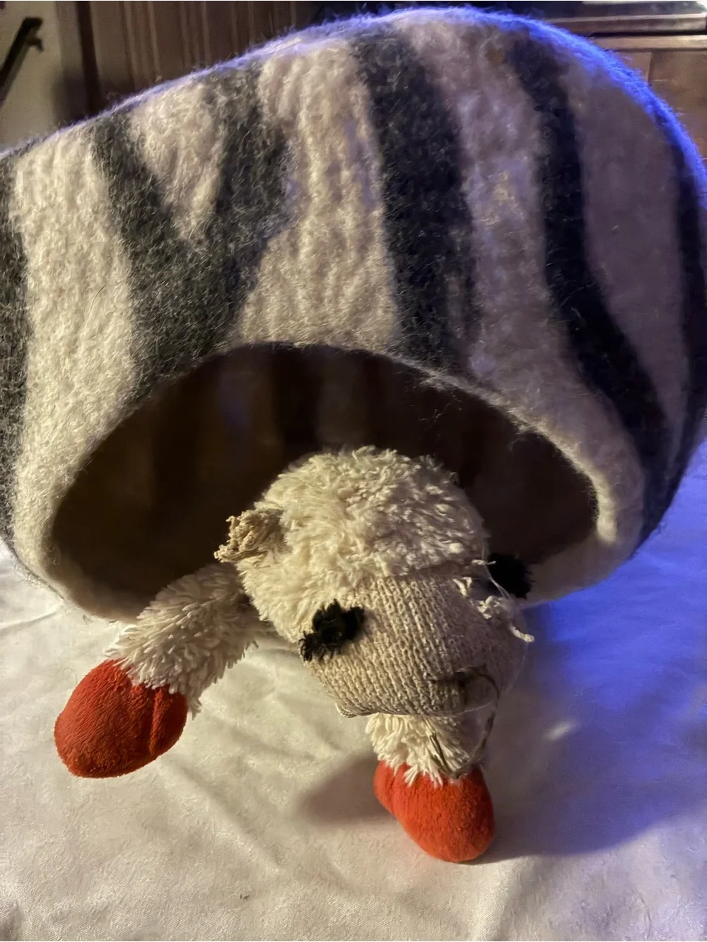 Plush Felted Cave Bed for Dogs - White & Gray Stripes Dog/  toy NoT Included :)